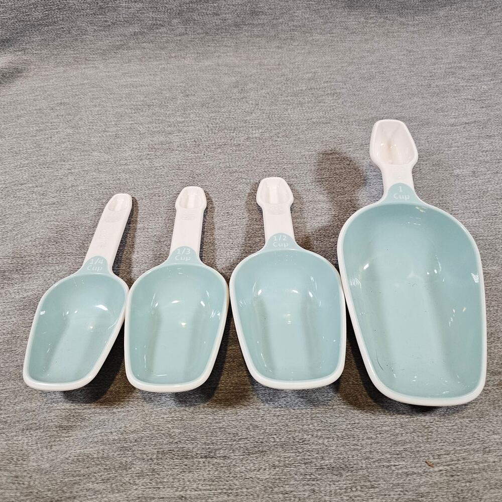 'Set Of 4' Combination Scoops Cups Teaspoons Measurement Utensils Teal/White EUC
